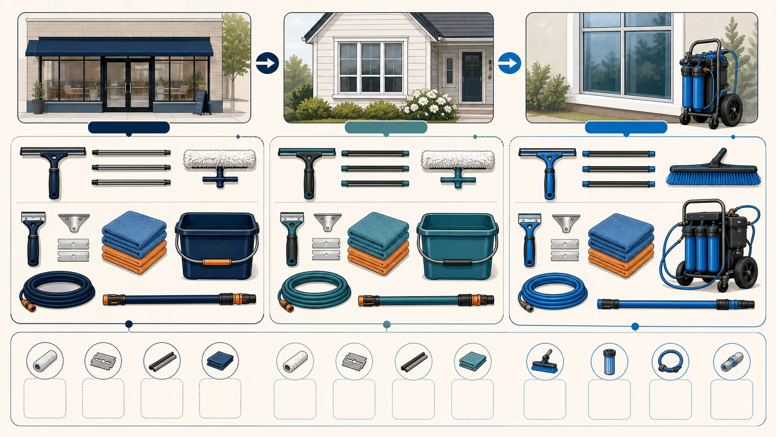 Professional window cleaning tool stacks for storefront, residential and pure-water jobs with reusable tools, consumables and missing-item slots